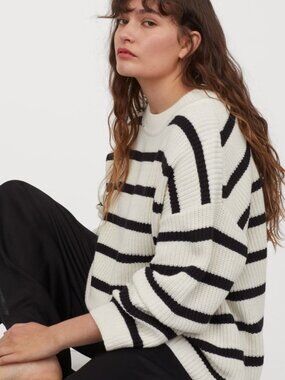H&M Ivory Black Striped Cotton Chunky Rib Knit Crew Neck Loose Sweater, Size XS